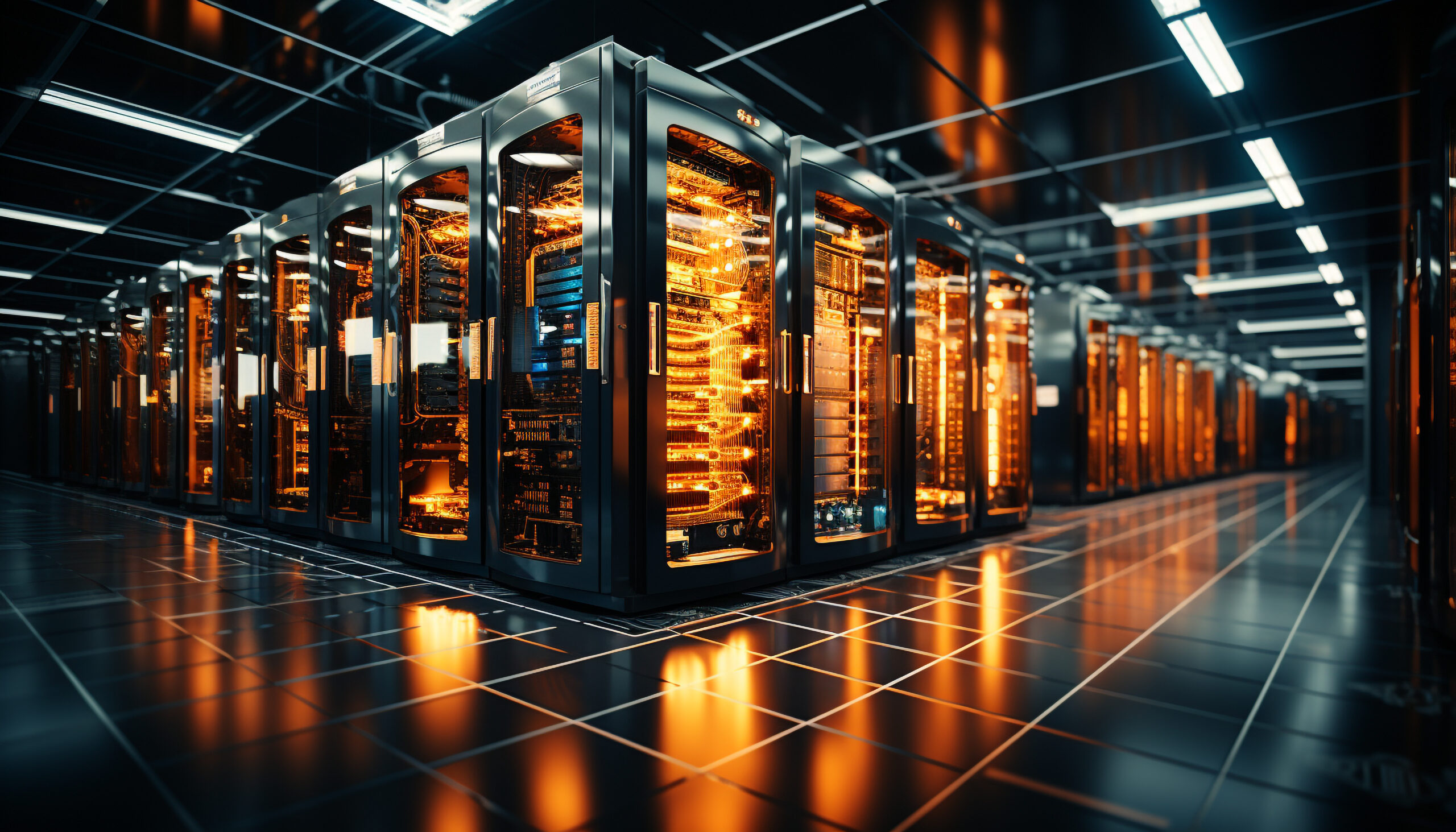 Futuristic computer network powers global communications inside modern factory generated by AI